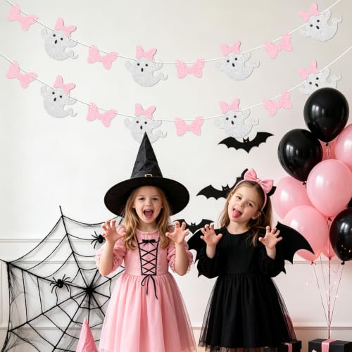 Pink Bow Ghost Garland Banner Halloween Party Decor - Silver Pink Variation