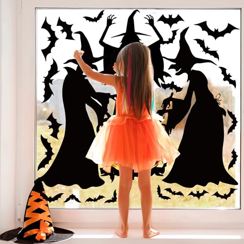 Halloween Witches Window Clings Set - Extra Large 3 Sheets, Reusable PVC Decor for Glass & Windows