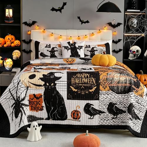 Halloween Quilt Queen Size Bedding Set with Pillow Shams - Black, 4 Pieces