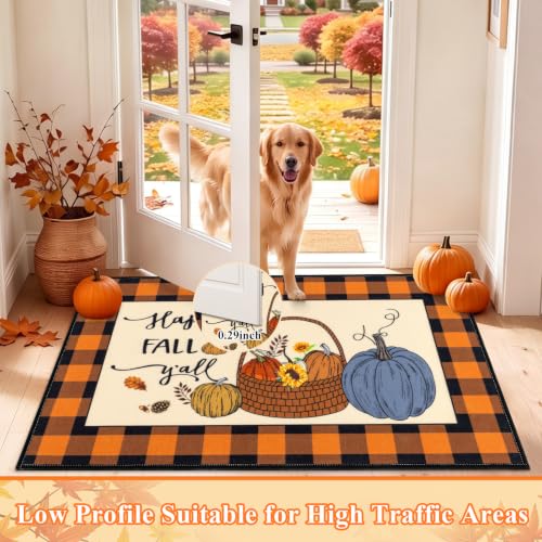 HEBE Fall Kitchen Rugs Set of 3 - Pumpkin Orange Washable Floor Mats with Runner 20x32, 20x48, 20x59 Inches
