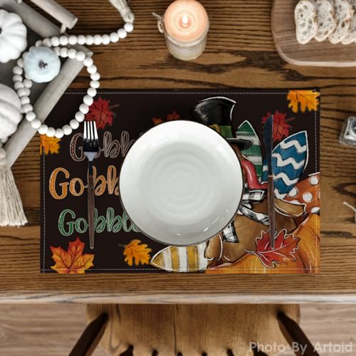 Black Gobble Turkey Fall Harvest Placemats Set of 4 - 12x18 Inch Rectangular Halloween Decor