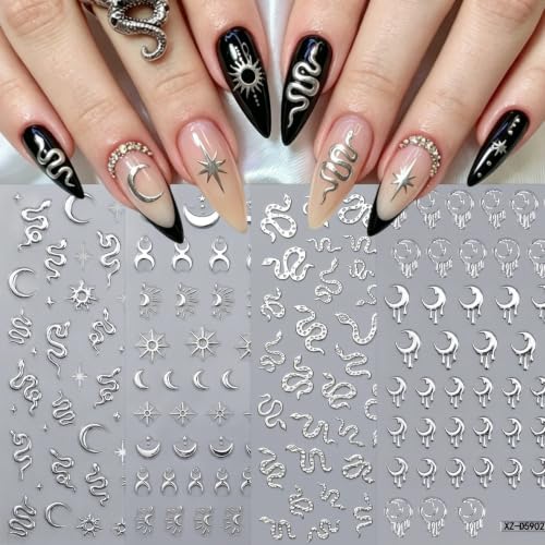 Silver Snake Nail Stickers with Star & Moon Design - Color12