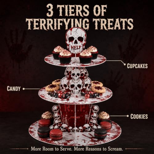 Halloween Bloody Cupcake Stand - 3-Tier Skeleton Handprints Party Decor - Bloody Variant