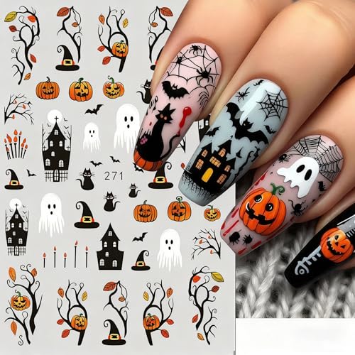 Halloween Nail Stickers Pumpkin Ghost Bat Web Skull Floral DIY Self-Adhesive Decor - Style 8