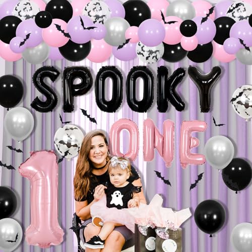 Halloween 1st Birthday Party Decorations Pink and Purple Balloons Banner Cake Topper Wall Stickers
