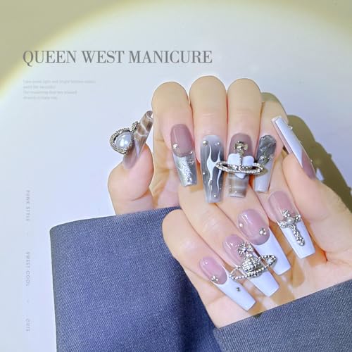 30 Pcs Heart & Planet Nail Charms Set - Rhinestones, 3D Cross & Saturn Design