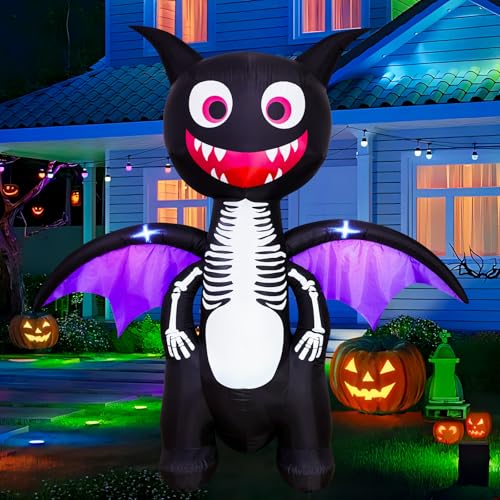 6.8 FT Halloween Inflatable Skeleton Dragon with LED Lights Outdoor Yard Decoration - Giant Blow Up Halloween Dragon - Front Lawn Garden Decor