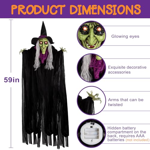 59-Inch Voice Activated Animated Witch Halloween Decoration with Glowing Eyes & Sound Effects