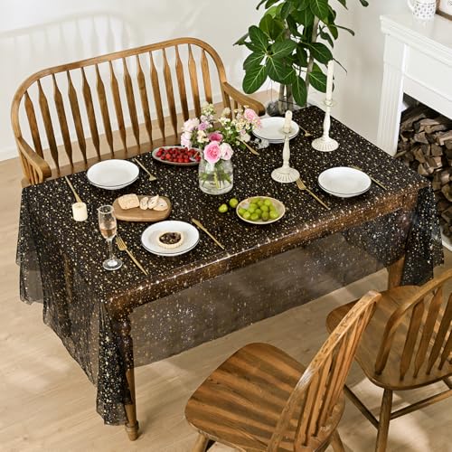 Horaldaily Black Gold Star Gauze Tablecloth 60x84 Inch Rectangular - Durable Polyester Home Decor