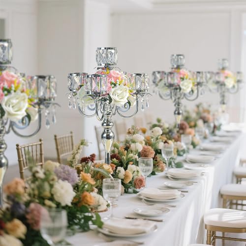 Crystal Candle Holder with Square Bowl - Silver 5-Arm 22-Inch Centerpiece for Weddings & Events - Variation: Square-Crystal Bowl