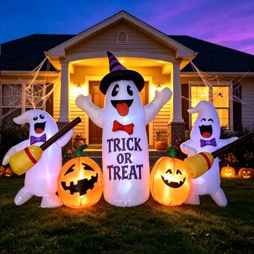 8 Ft Halloween Inflatable Ghosts with Pumpkin Broom LED Light Decor - White