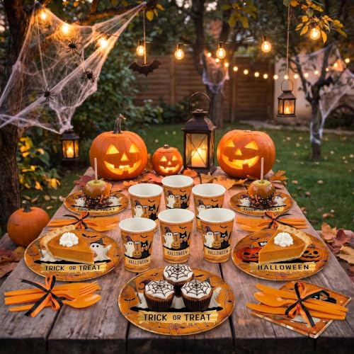 Halloween Party Supplies Set with Plates Cups Napkins & Utensils - Orange Pumpkin Ghost Design, Serves 20