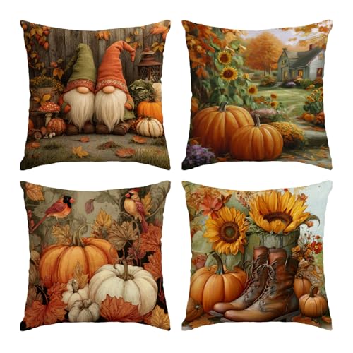 14x14 Fall Pillow Covers Set of 4 Farmhouse Thanksgiving Pumpkins Sunflowers Autumn Leaves Gnome Decor - A-fall 32