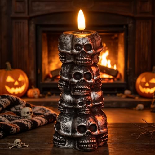 Gothic Skull Halloween Decor with Flickering Flame Effect - Indoor Tabletop Ornament