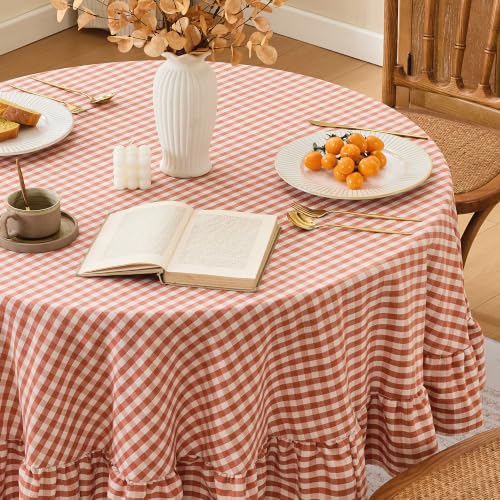 Orange Fall Gingham Ruffled 70-Inch Round Tablecloth Cotton Linen Style