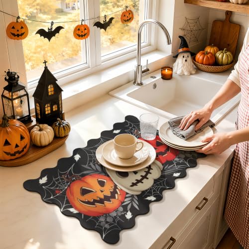 Scalloped Halloween Dish Drying Mat - Spooky Pumpkin Black, 12x20 Inches - Halloween Scary Pumpkin