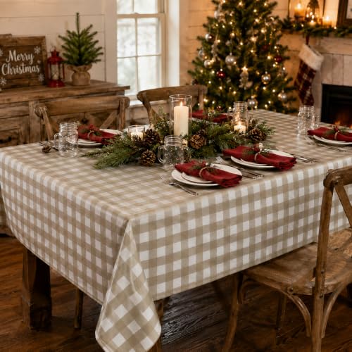 Khaki and White Gingham Tablecloth Set - 3 Pack 54x108 Inches for Parties & Events