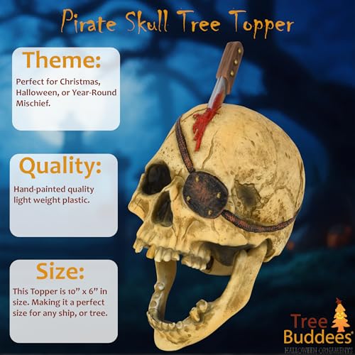 Large Pirate Skull Tree Topper for Halloween & Christmas - 10 Inch Decor