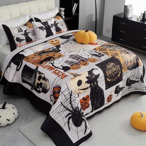 Halloween Quilt Queen Size Bedding Set with Pillow Shams - Black, 4 Pieces