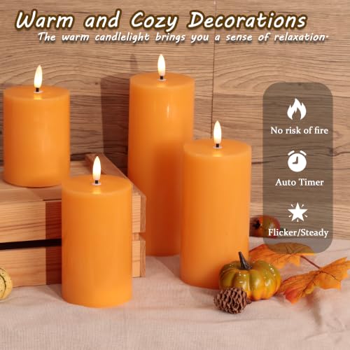 JOIONE Orange Fall Flameless Pillar Candles with Remote - 4 Pack Autumn Decor