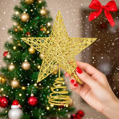 Christmas Tree Topper Star - Gold Glitter Treetop for Holiday Decoration