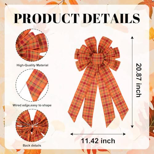 Large Fall Wreath Bow - 20 Inch Orange Plaid Burlap for Front Door & Holiday Decor