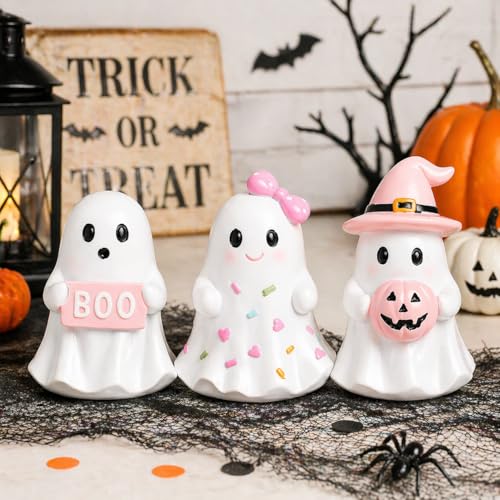 Pink Halloween Ghost Figurines Set of 3 Indoor Table Decor - Spooky Cute Home Accents