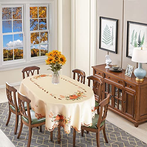 Autumn Harvest Pumpkin Embroidered Tablecloth 52x70 Inches for Thanksgiving - Oval Variation