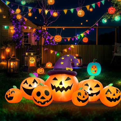 Round 8FT Halloween Inflatable Pumpkin with Witch Hat Yard Decor - Outdoor