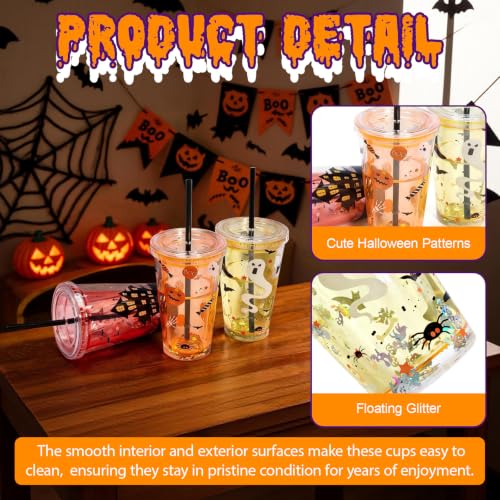 Halloween Party Cups Set 15 oz Double-Wall Plastic Glitter Cups with Lids & Straws
