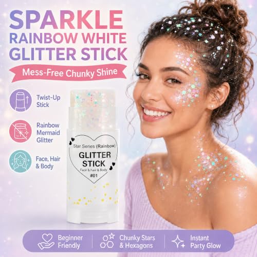 Rainbow White Glitter Stick for Face Hair Body - Sparkly, Mess-Free, Waterproof