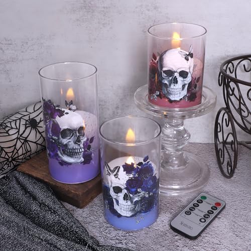 Gothic Skull Rose Flameless Candles Set with Remote Control - Halloween Decor