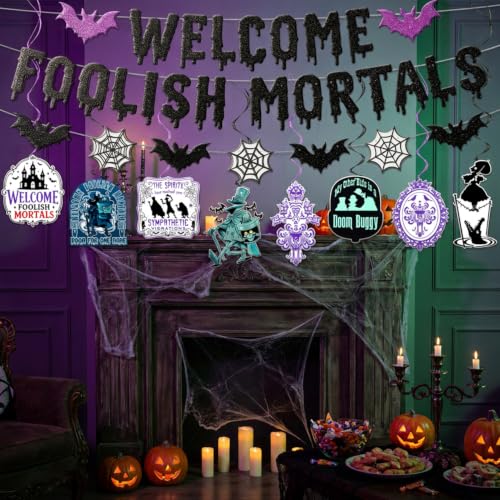 Halloween Haunted Party Decorations Banner & Swirls Set - Black Glitter Welcome Mortals