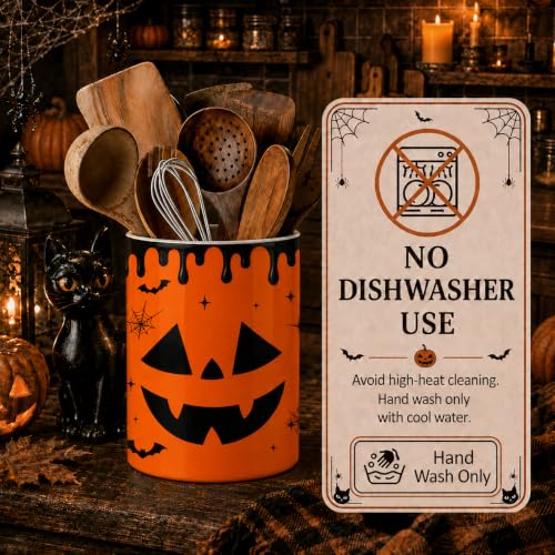 Halloween Utensil Holder with Pumpkins, Ceramic Kitchen Counter Organizer - Orange, 6 Inches