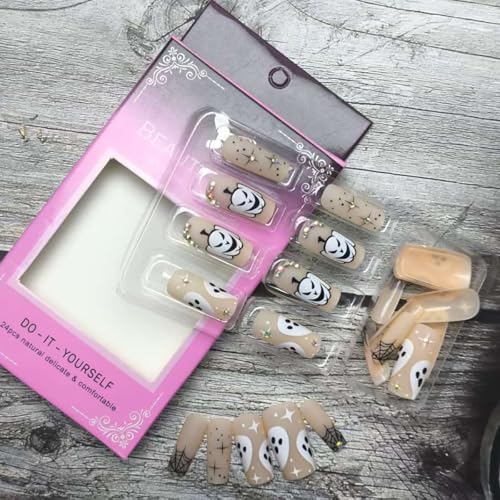 Halloween Press On Nails - Medium Square Fake Nails with Gem Rhinestones & Spider Web Design - Horror Ghost Variation 14