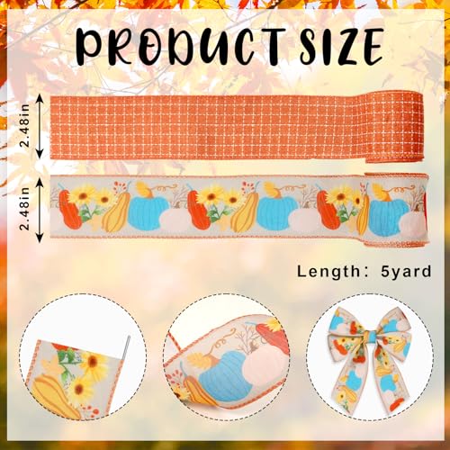 Vegetable & Buffalo Plaid Fall Ribbon Set - 2 Rolls, 5 Yards Each, Orange Burlap Wired Edges for Gift Wrap & Decorations