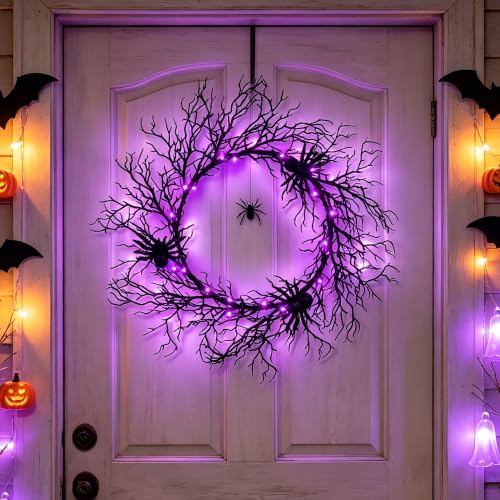 Adroiteet 24-inch Halloween Wreath with LED Lights, Spiders & Glitter Finish - Front Door & Outdoor Decor - Variation 1