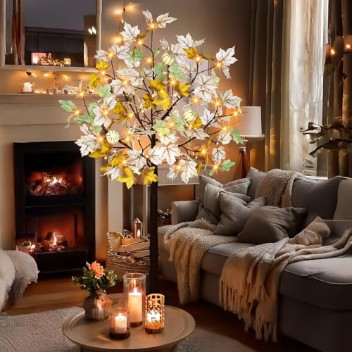 Lighted Artificial Fall Tree with Timer - 4FT White Maple Decor for Autumn & Halloween