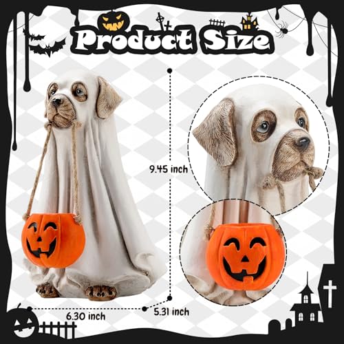 Halloween Ghost Dog Figurines with Small Pumpkin Tabletop Decoration - Handcrafted Cute Dog Halloween Decor - Variations of Ghost Dog