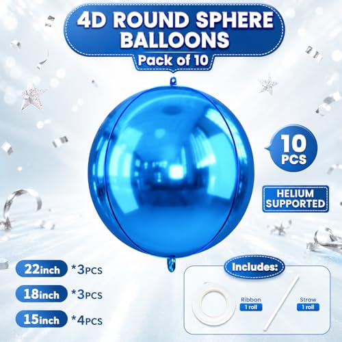 10Pcs Blue Round Foil Balloons 15, 18, 22 Inch for Party Decorations - Reusable