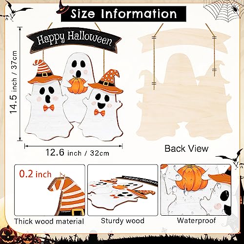 Halloween Ghost Door Sign Set - Three Wooden Ghosts Halloween Decorations for Front Door Wreath Indoor Outdoor - 14.5x12.6in