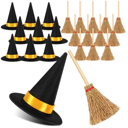16Pcs Mini Witch Hat Set with Small Brooms for Halloween Party Crafts