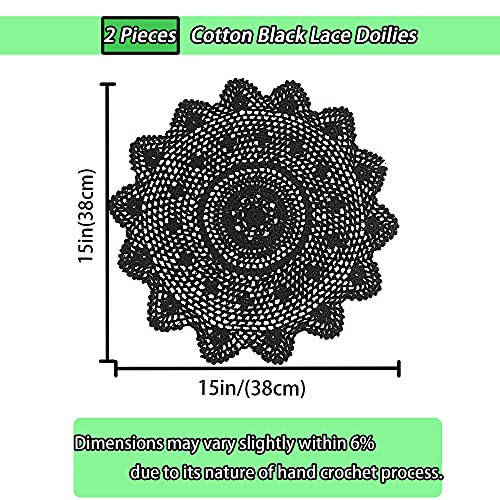Black Crochet Doilies Set of 2 - 15 Inch Round Cotton Lace Coasters for Home Decor