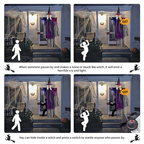 6FT Hanging Halloween Witch with Scary Sound Effects and Red Eyes - Life Size Spooky Decor