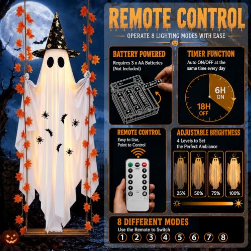 Halloween Outdoor Ghost Swing Decoration with LED Lights & Witch Hat - 5.4FT
