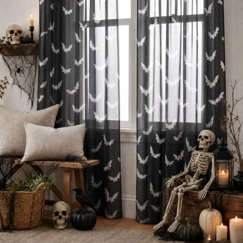 2 Pack Black Sheer Curtains for Windows 52x96 Inches - Bat Pattern, Halloween Decor
