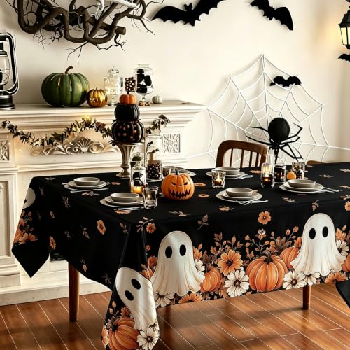 Black Halloween Rectangular Tablecloth 60 x 120 Inch Spooky Ghost Pumpkin Design Washable Indoor Outdoor Decor - Variation of THIS listing