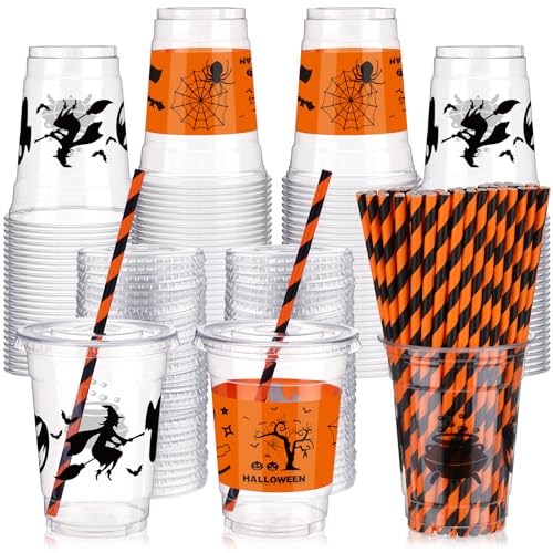 Halloween Disposable Cups Ghost Pattern 12 oz Clear Plastic Party Cups - 100 Sets