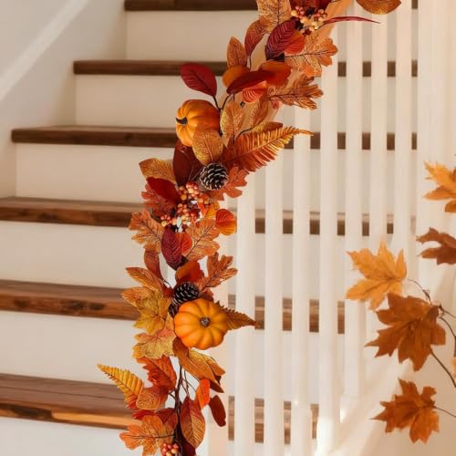 Fake Pumpkin & Maple Leaves Fall Garland with Lights - 1 Piece Autumn Decor for Mantle & Porch
