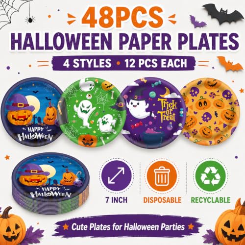 48Pcs Halloween Paper Plates 7 Inch with Ghost Pumpkin Skeleton Designs - Fall Party Tableware - Halloween Variation